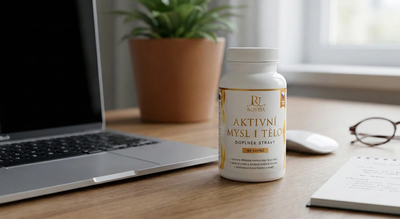 Doplněk stravy Roveja Aktivní mysl i tělo na pracovním stole u notebooku – podpora soustředění, energie a mentální výkonnosti